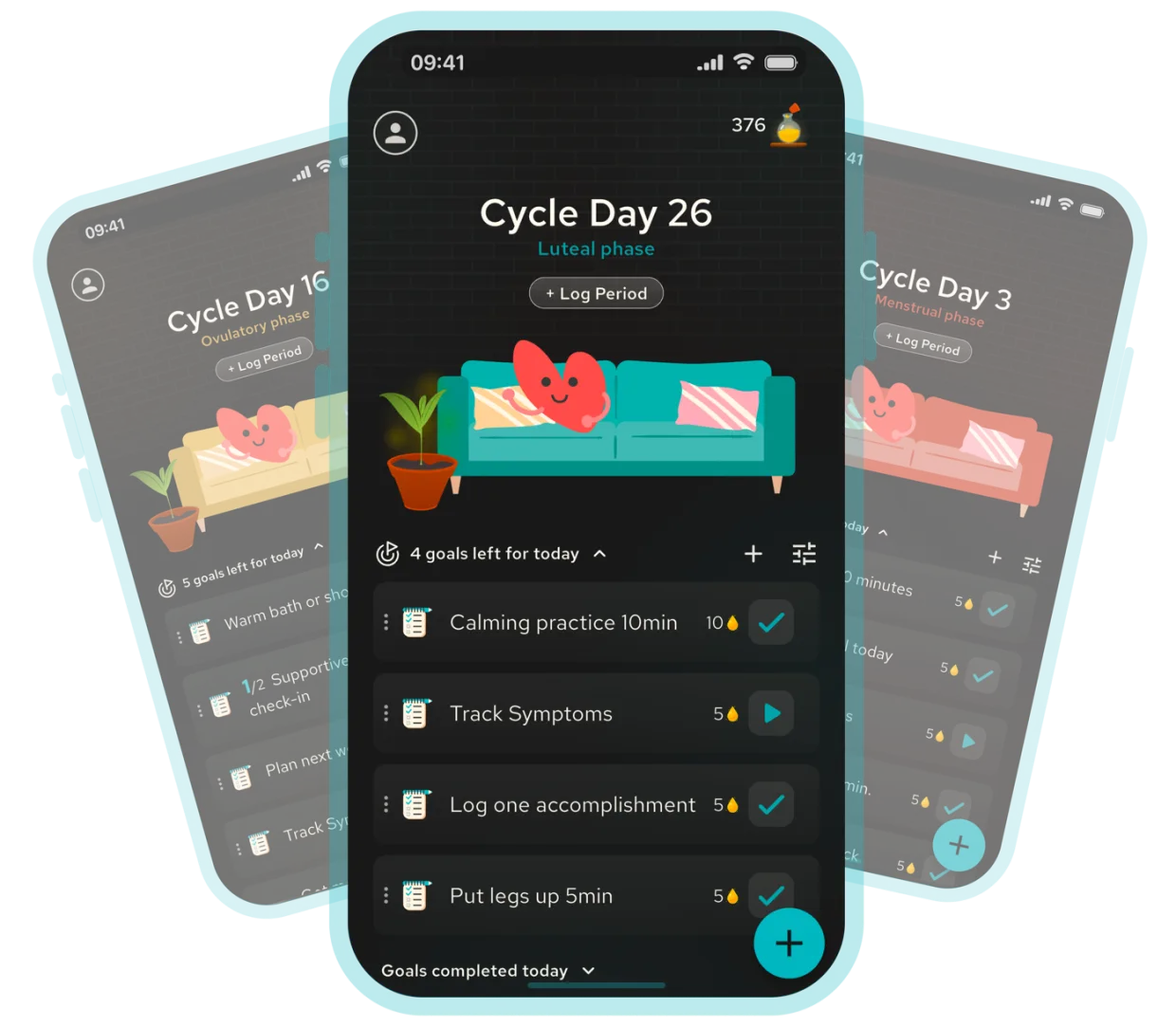 Belle app screens showing cycle-aware daily support