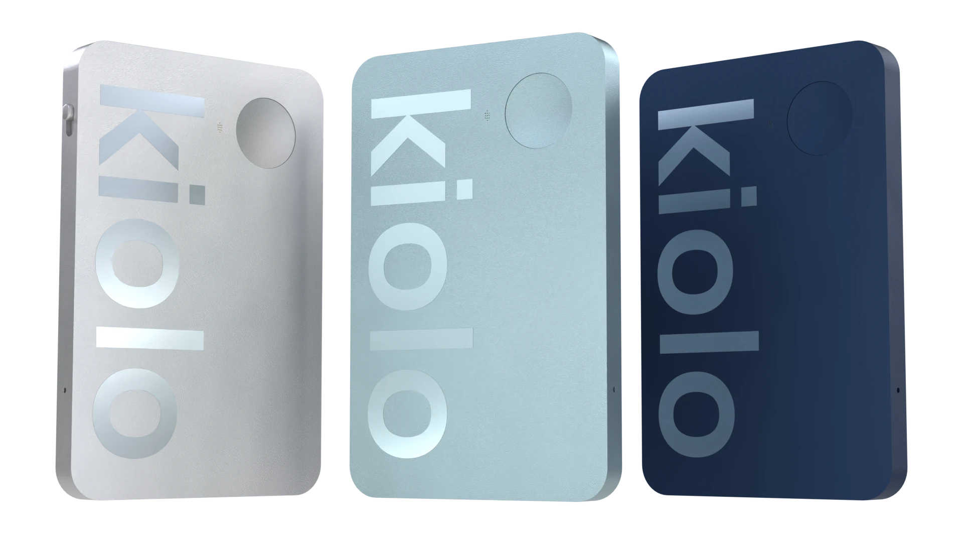 Three kiolo AI note-taking devices in silver, blue and navy